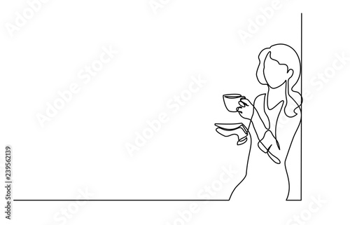Woman relaxing with cup of tea Continuous line
