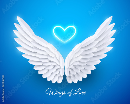 Vector 3d white realistic layered paper cut angel wings on blue background. Happy Valentines day greeting card