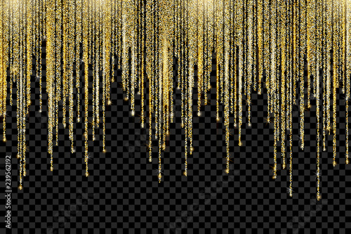 Vector falling in lines gold glitter confetti dots rain. Golden garland glittering lights isolated on transparent background. Sparkling glow border, party tinsels shimmer frame, holiday background