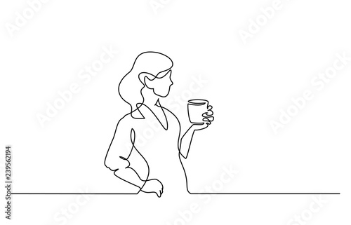 Woman relaxing with cup of tea Continuous line