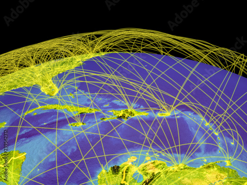 Caribbean on planet Earth with country borders and trajectories representing international communication, travel, connections.