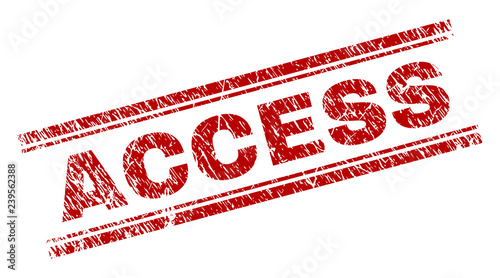 ACCESS seal print with distress texture. Red vector rubber print of ACCESS tag with retro texture. Text tag is placed between double parallel lines.