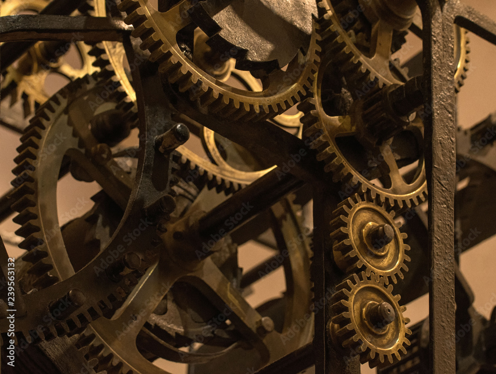 Detail picture of cogwheels in grandfather clock
