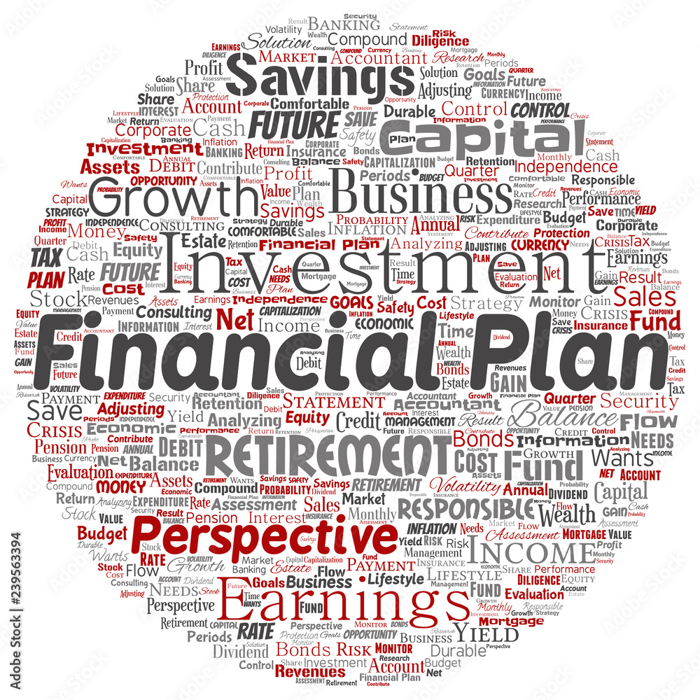 Obraz premium Vector conceptual business or personal financial plan round circle red finance strategy word cloud isolated background. Collage of income, money investment, future retirement security concept design