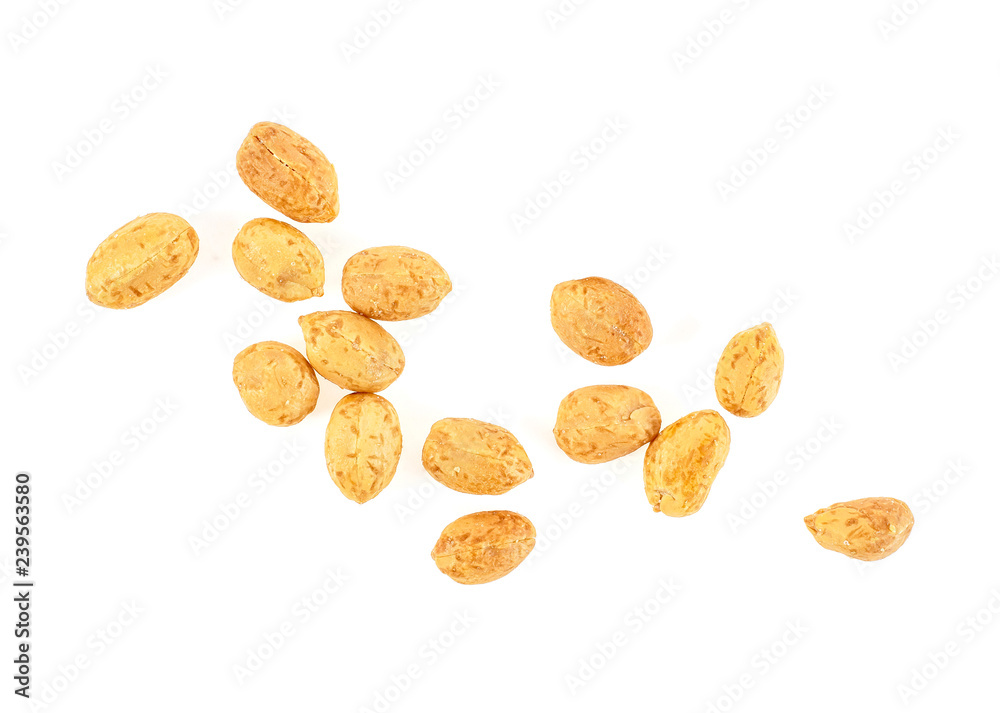 Fried and salted peanuts isolated on a white background, top view. Fried and salted peanuts isolated on a white background, top view.