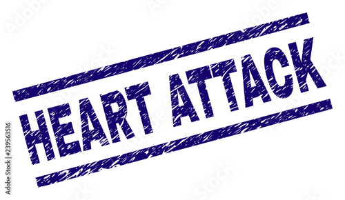 HEART ATTACK seal print with grunge style. Blue vector rubber print of HEART ATTACK title with dirty texture. Text title is placed between parallel lines.