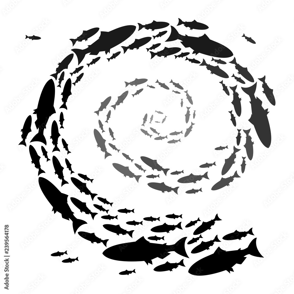 Set silhouettes of groups of sea fishes. Colony of small fish. Icon with river taxers. - Vector,frame with leaves Set silhouettes of groups of sea fishes. Colony of small fish. Icon with river taxers. - Vector,frame with leaves