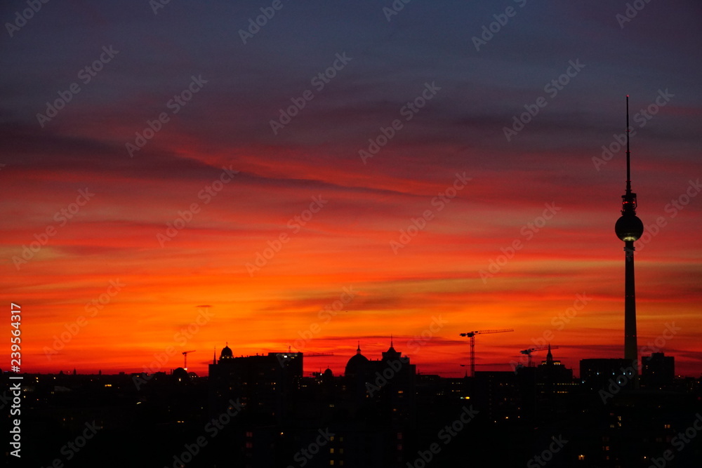 Berlin Skyline Red Sunset Tower