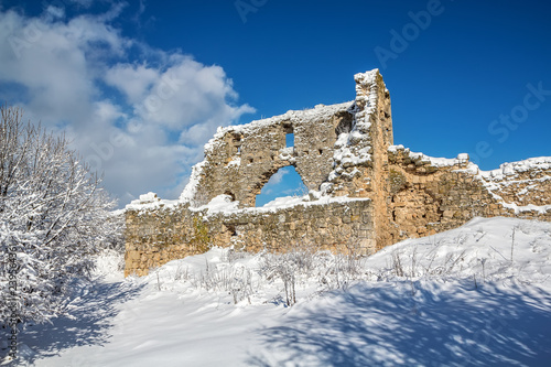 Citadel of he ancient cave city of Mangup Kale in the snow