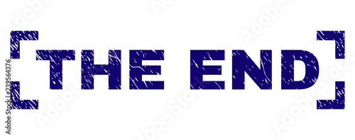 THE END text seal print with corroded effect. Text label is placed inside corners. Blue vector rubber print of THE END with grunge texture.