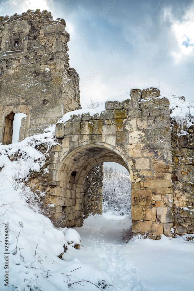 The ancient cave city of Mangup Kale in the snow