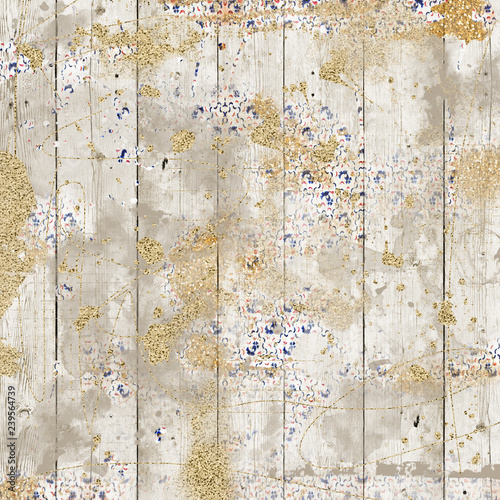 Abstract metallic textured background. Collage with gold glitter, sparkles and foil mixed with an artsy colorful texture.