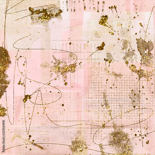 Abstract metallic textured background. Collage with gold glitter, sparkles and foil mixed with an artsy colorful texture.