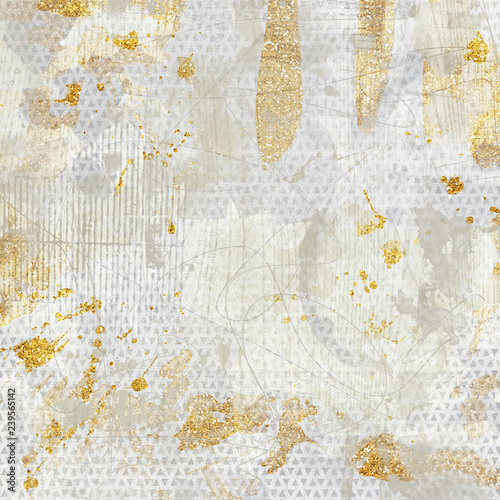Abstract metallic textured background. Collage with gold glitter, sparkles and foil mixed with an artsy colorful texture.
