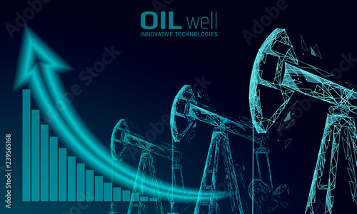 Oil well rig juck low poly business concept. Finance economy polygonal petrol production. Petroleum fuel industry pumpjack derricks pumping drilling point line connection dots blue vector illustration