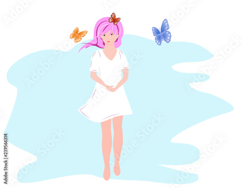 little girl with pink hair in a white dress with butterflies. Cartoon flat simple illustration