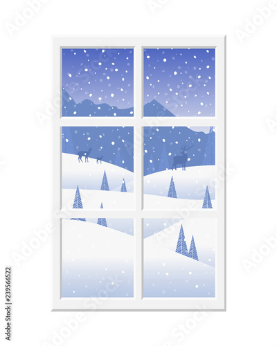 View from the window on a beautiful winter landscape, winter, mountains, snow, deer and trees. Vector.  