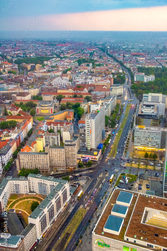 Fototapeta premium Berlin, Germany - Panoramic view of the central, north and east districts of Berlin along the Karl Liebknecht Strasse street