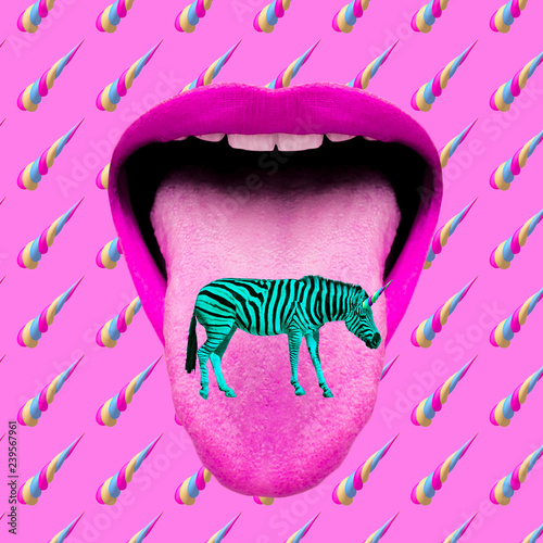 Fashion Minimal art collage. Mouth eating unicorn. My dreams concept art