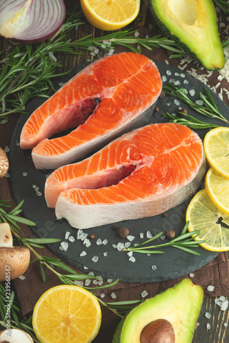 Delicious fresh fish steaks, salmon, trout. Clean and tasty food
