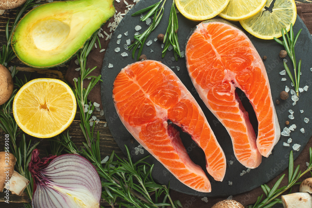 Delicious fresh fish steaks, salmon, trout. Clean and tasty food Delicious fresh fish steaks, salmon, trout. Clean and tasty food