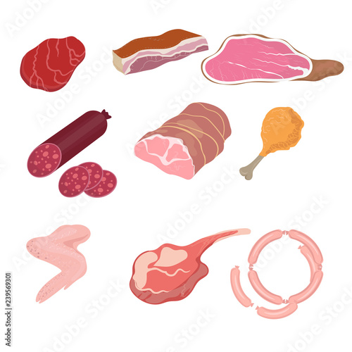 Set of different parts of meat products. Chicken, sausages, sausage, bacon and others.