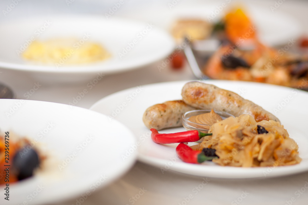 Sausages with mustard, cabbage and red pepper Sausages with mustard, cabbage and red pepper