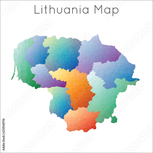 Low poly map of Lithuania in a geometric, mosaic style, highlighting its borders.