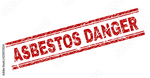 ASBESTOS DANGER seal watermark with grunge texture. Red vector rubber print of ASBESTOS DANGER label with grunge texture. Text tag is placed between double parallel lines.