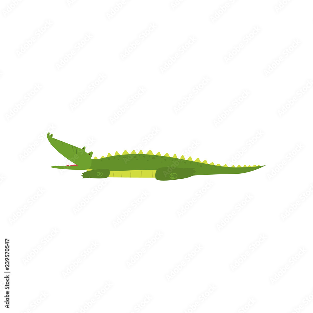 Fototapeta premium Young green cute cheerful crocodile spends his free time.