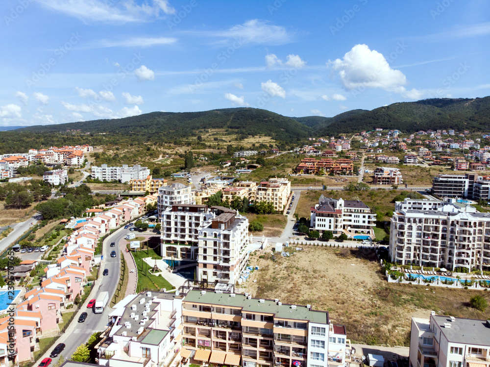 Fototapeta premium aerial shooting of the resort in Sveti Vlas, sea view and hotel residential buildings with swimming pools