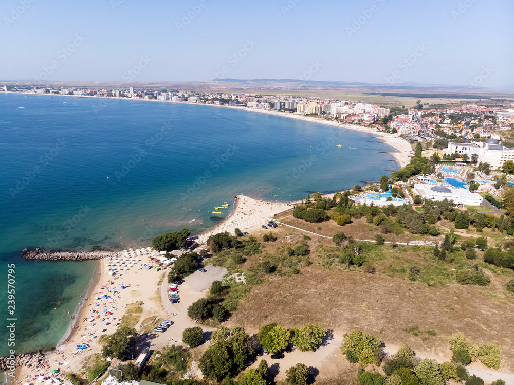 aerial shooting of the resort in Sveti Vlas, sea view and hotel residential buildings with swimming pools on the territory