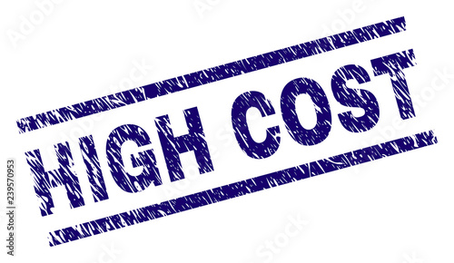 HIGH COST seal print with grunge style. Blue vector rubber print of HIGH COST label with dust texture. Text label is placed between parallel lines.