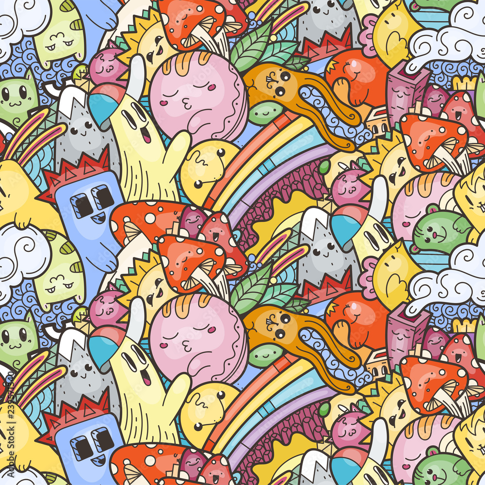 Funny doodle monsters on seamless pattern for prints, designs and coloring books