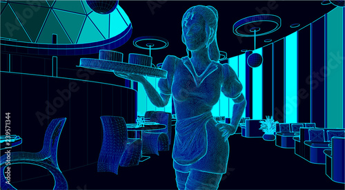 illustration of a waitress carrying a tray in a restaurant in wire frame style