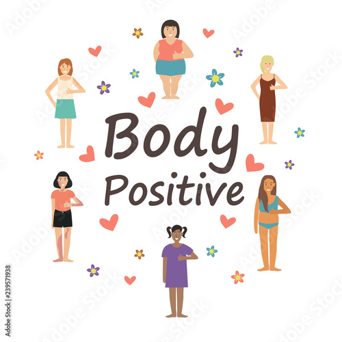 Multiracial women of different figure type and size dressed in comfort wear. Female cartoon characters with text. Body positive movement and beauty diversity. Vector illustration