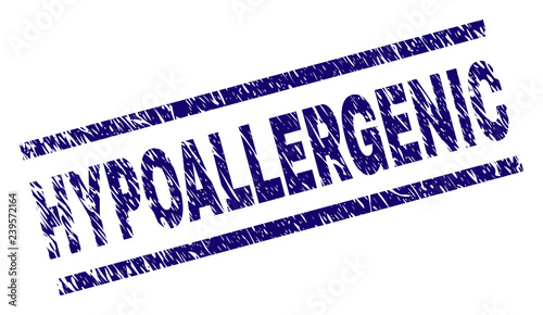 HYPOALLERGENIC seal print with grunge style. Blue vector rubber print of HYPOALLERGENIC label with dirty texture. Text title is placed between parallel lines.