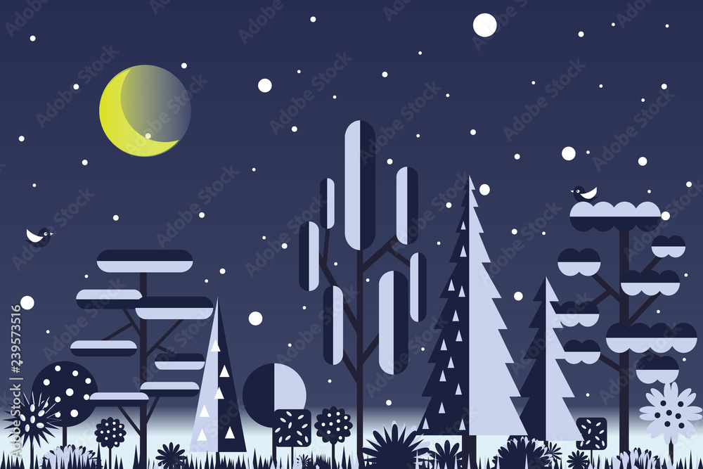 Vector winter illustration of night forest in dark blue color.