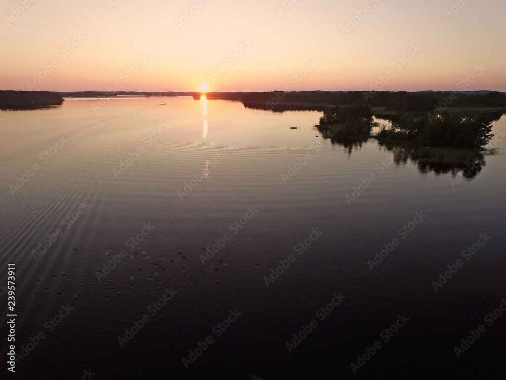 aerial sunset on lake
