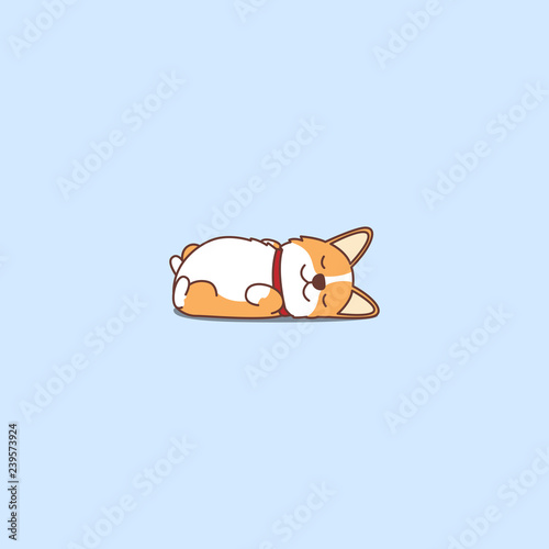 Lazy dog sleeping, cute welsh corgi puppy lying on back cartoon icon, vector illustration.