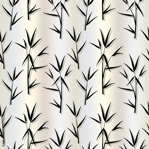 Fototapeta Naklejka Na Ścianę i Meble -  Seamless pattern with black bamboo leaves and sprouts branches in Japanese style on silk or pearl light beige background. Vector eps 10 illustration