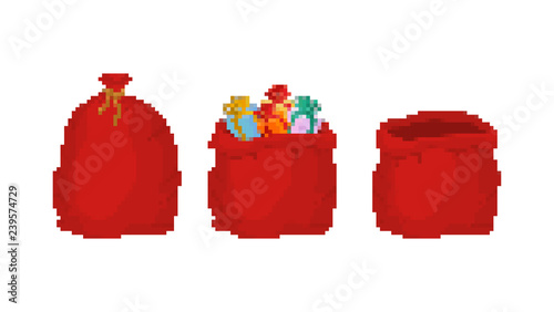 Red bag Santa Claus pixel art set. 8bit Large sack holiday for gifts. Video game Big bagful for new year and Christmas - Vector