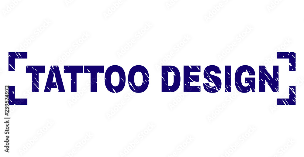 TATTOO DESIGN label seal print with distress texture. Text label is placed between corners. Blue vector rubber print of TATTOO DESIGN with corroded texture.