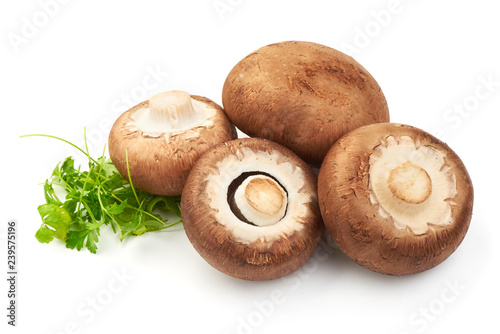 Champignons with parsley, close-up, isolated on white background