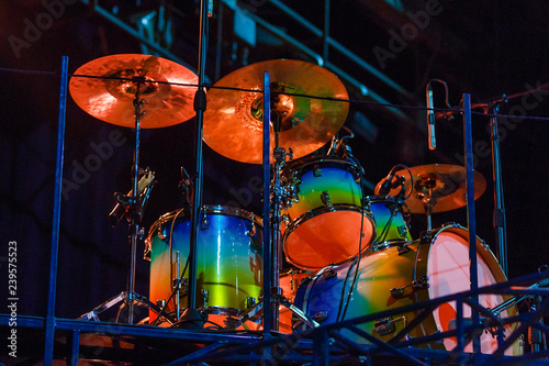 Drum kit on stage in the spotlight color