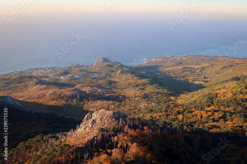 Autumn forest and Crimean Mountains view near Yalta, Russia