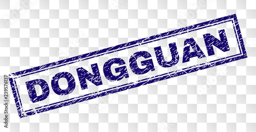 DONGGUAN stamp seal print with rubber print style and double framed rectangle shape. Stamp is placed on a transparent background. Blue vector rubber print of DONGGUAN caption with unclean texture.