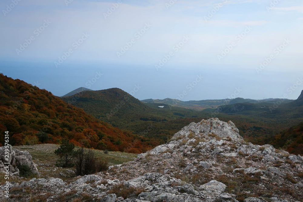 Black Sea coast scenic view from top of Crimean Mountains near Alushta, Russia