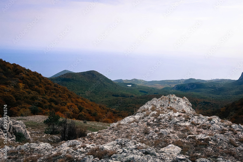 Black Sea coast scenic view from top of Crimean Mountains near Alushta, Russia
