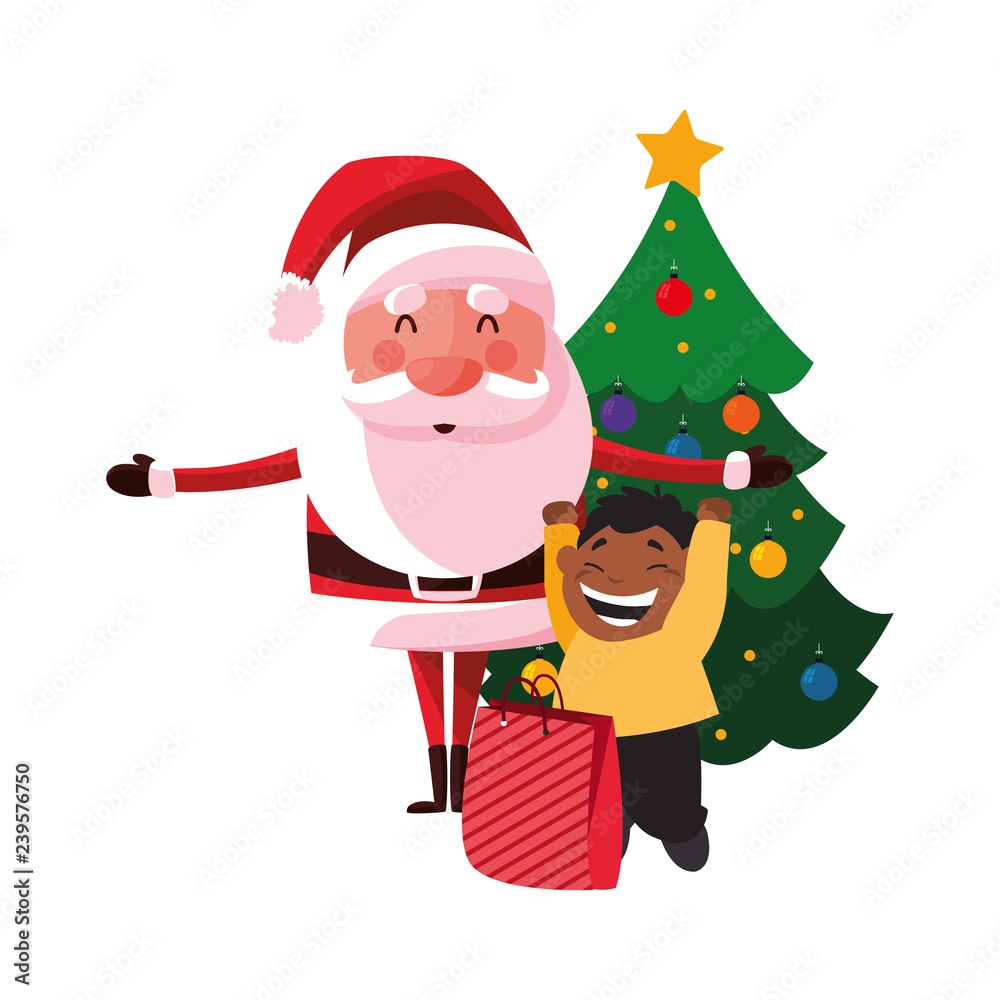 christmas santa with boy and gift tree